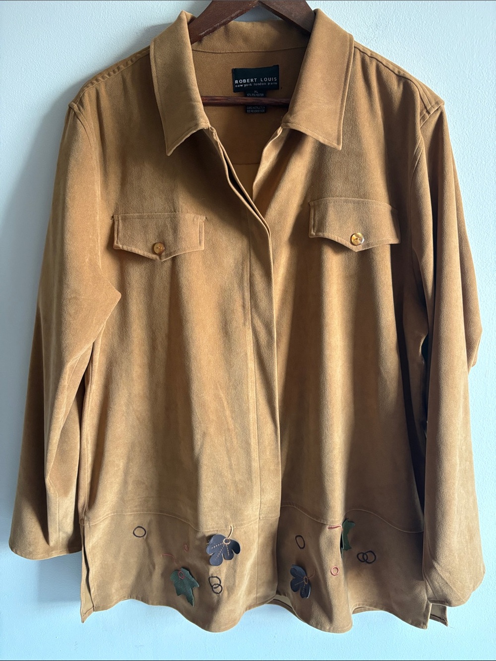 Robert Louis XL Faux Suede Shirt Jacket Floral Applique Camel Boho